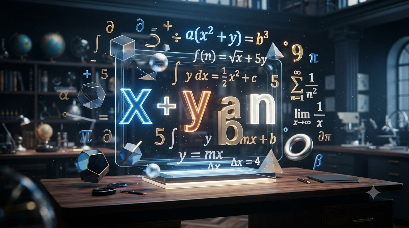Realistic 3D illustration of letters and numbers used in mathematical formulas