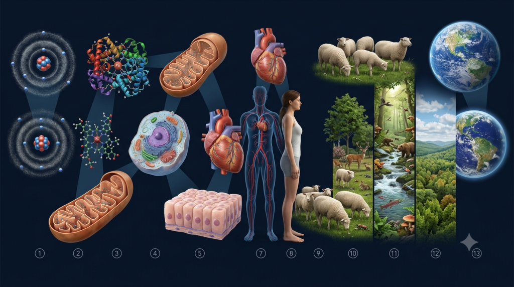 Realistic 3D illustration showing biological organization from atoms and molecules to cells, organs, organisms, ecosystems, and the biosphere.