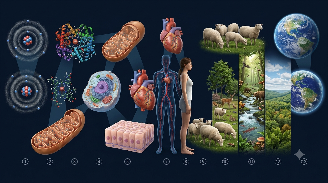 Realistic 3D illustration showing biological organization from atoms and molecules to cells, organs, organisms, ecosystems, and the biosphere.