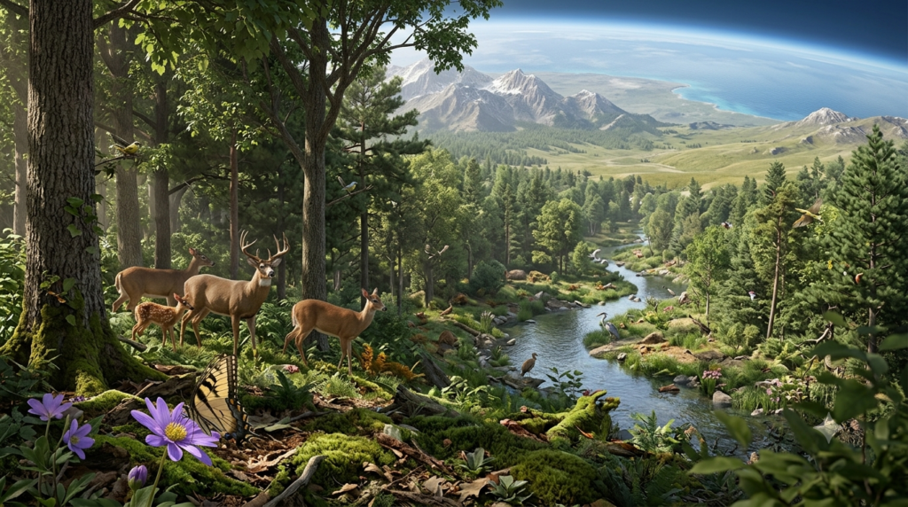 3D ecological landscape illustrating organisms, populations, communities, ecosystems, biomes, and the biosphere.