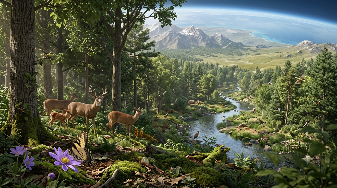 3D ecological landscape illustrating organisms, populations, communities, ecosystems, biomes, and the biosphere.