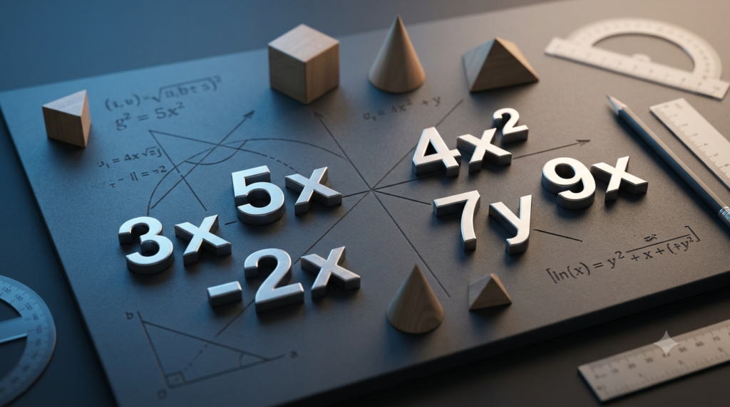 Realistic 3D illustration showing like and unlike algebraic terms with different variables and exponents.