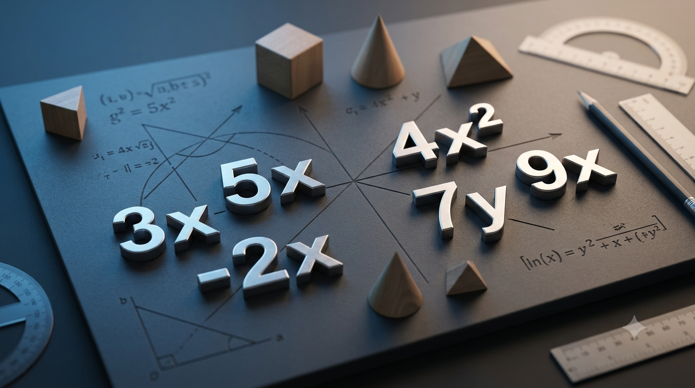 Realistic 3D illustration showing like and unlike algebraic terms with different variables and exponents.