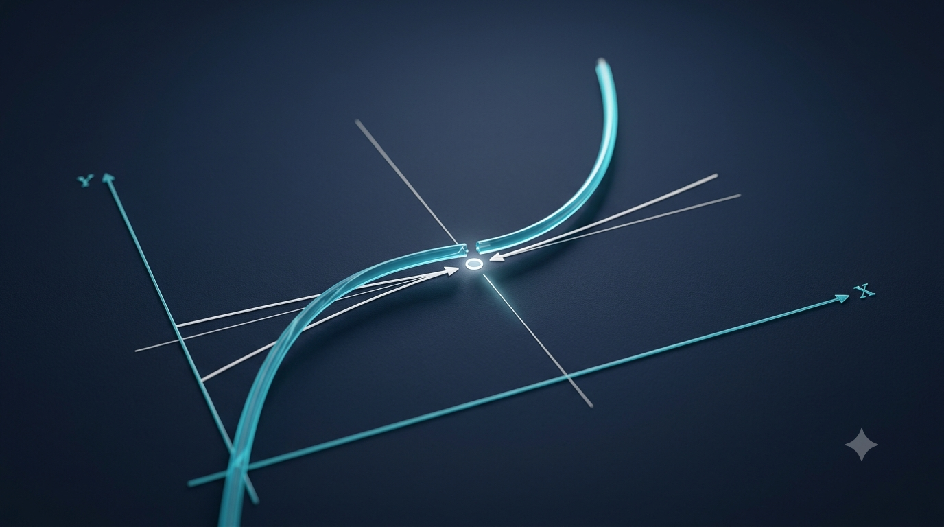 Realistic 3D graph illustrating a limit in calculus as a curve approaches a point.