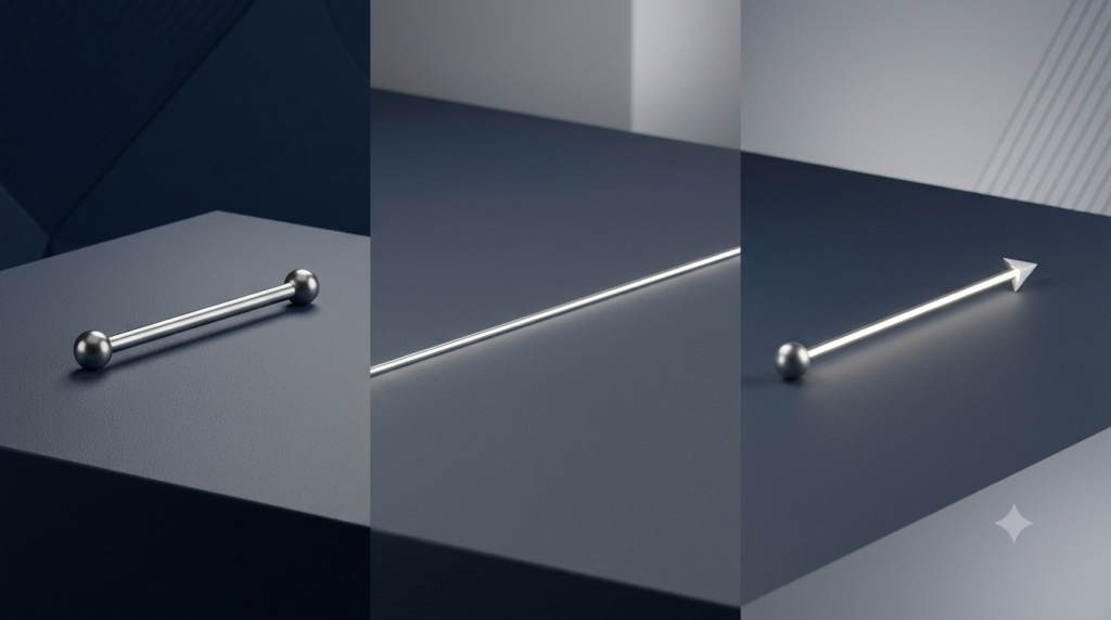 Realistic 3D illustration showing a line segment with two endpoints, a line extending in both directions, and a ray extending from one endpoint.