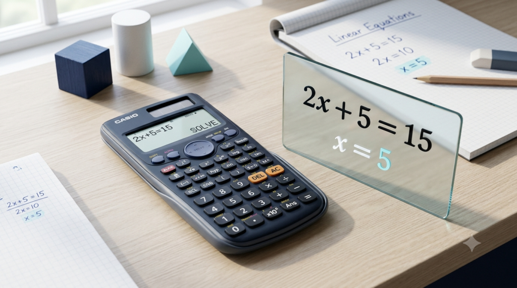 3D calculator illustrating a linear equation solver with the equation 2x + 5 = 15.