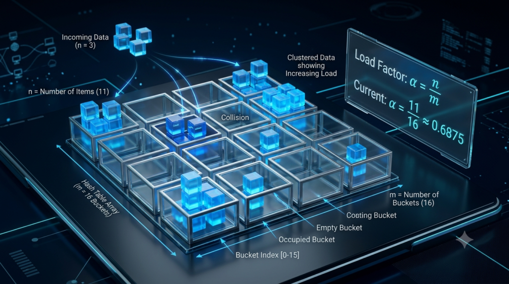 3D illustration of a hash table with occupied and empty buckets explaining the load factor formula.