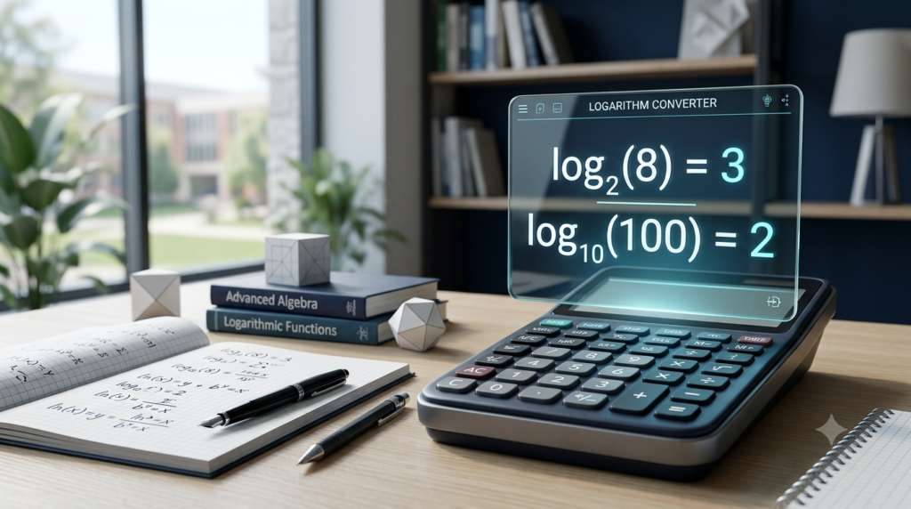Realistic 3D scientific calculator illustrating logarithm base conversion with mathematical equations.