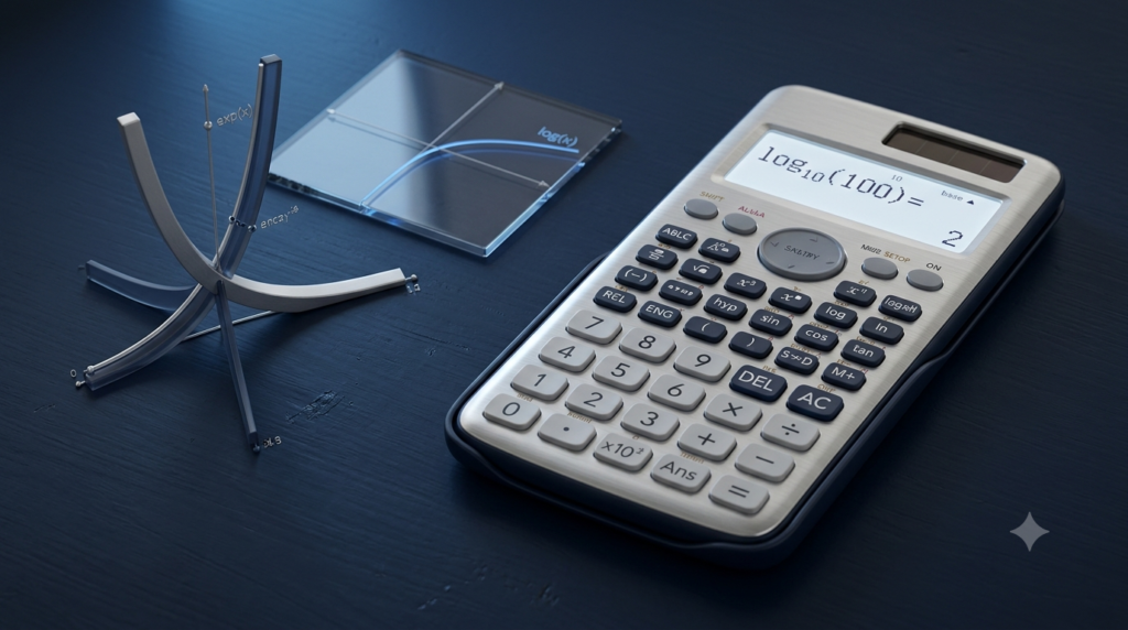 Realistic 3D scientific calculator illustrating logarithm calculations for mathematics.