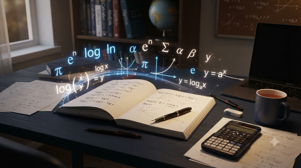 3D illustration representing logarithm formulas and basic logarithmic rules