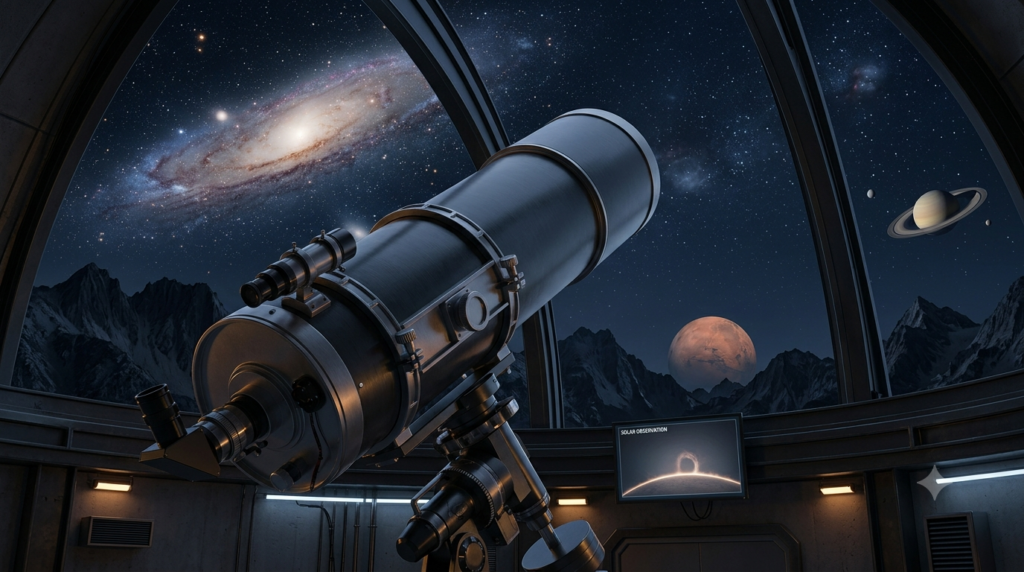 Realistic 3D observatory telescope beneath a night sky featuring a spiral galaxy, planets, and stars.