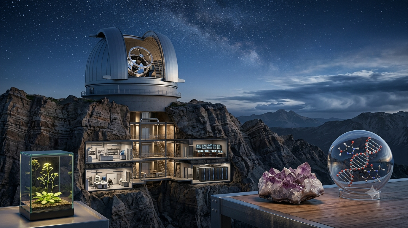 Realistic 3D illustration representing the main branches of science, including astronomy, geology, chemistry, and biology.