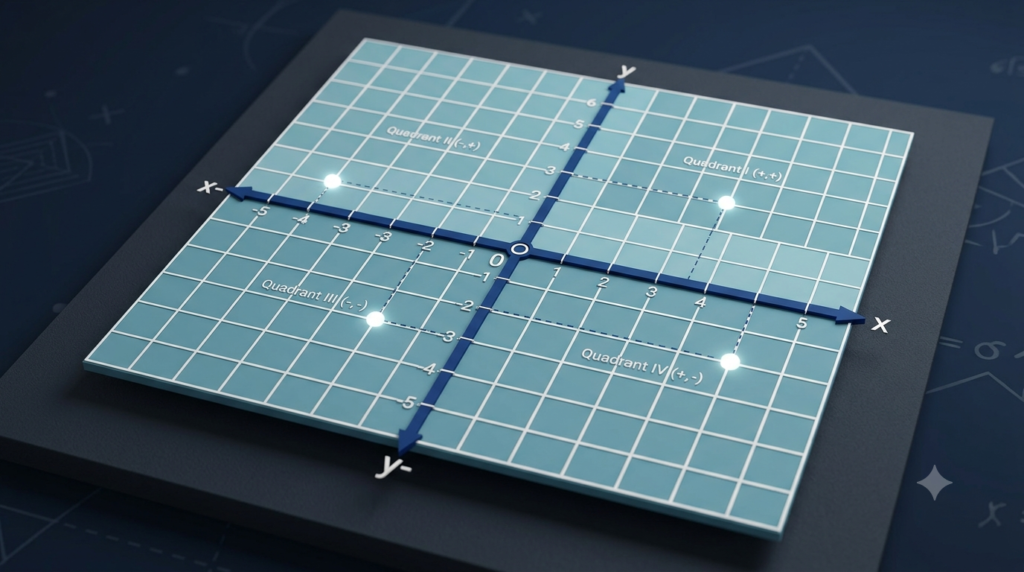 Realistic 3D coordinate plane showing the x-axis, y-axis, origin, quadrants, grid lines, and plotted points.