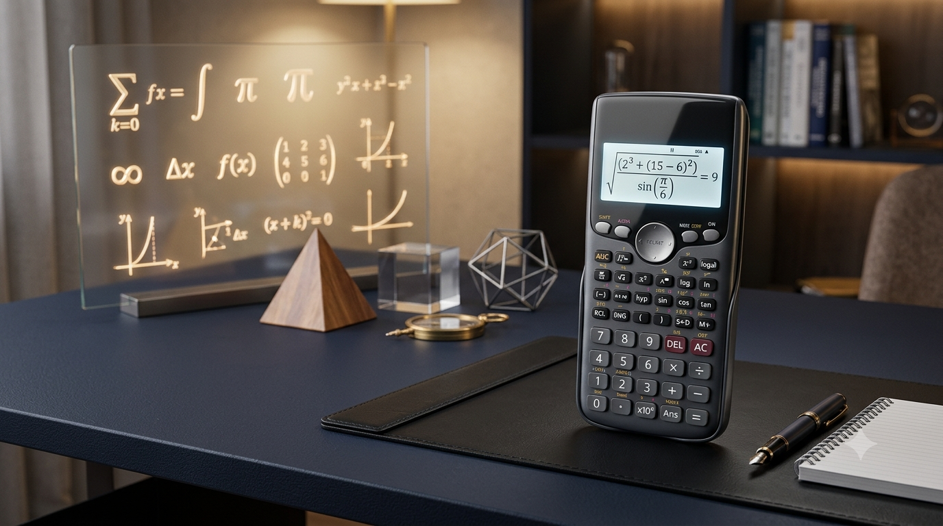 Realistic 3D illustration of a mathematical expression evaluator with a scientific calculator and mathematical symbols.