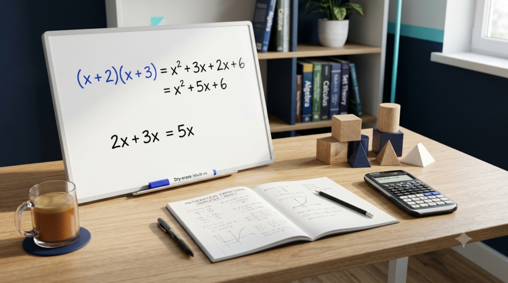 Mathematical expression simplifier with algebraic formulas and a calculator on a study desk.