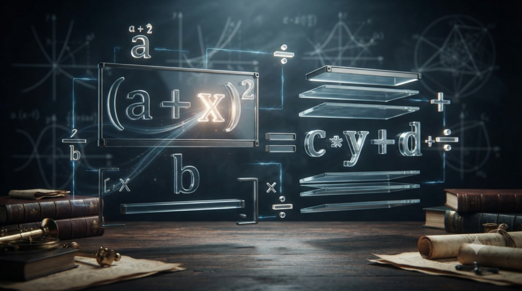 Realistic 3D illustration of mathematical formula rearrangement and transposition