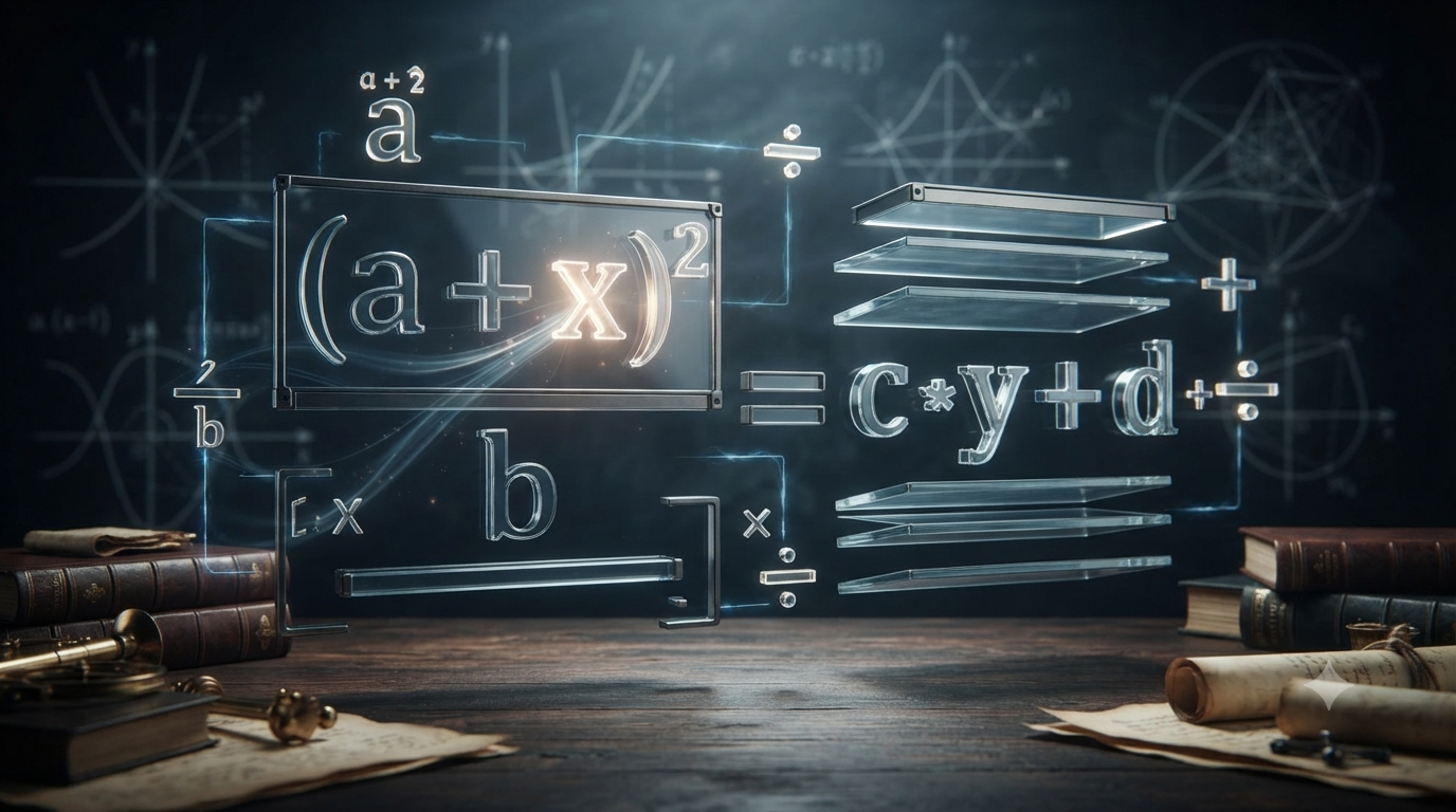 Realistic 3D illustration of mathematical formula rearrangement and transposition