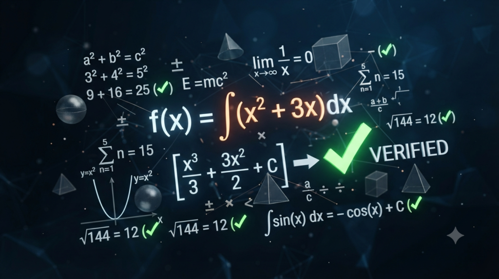 Realistic 3D illustration of verifying a mathematical formula with equations and check marks