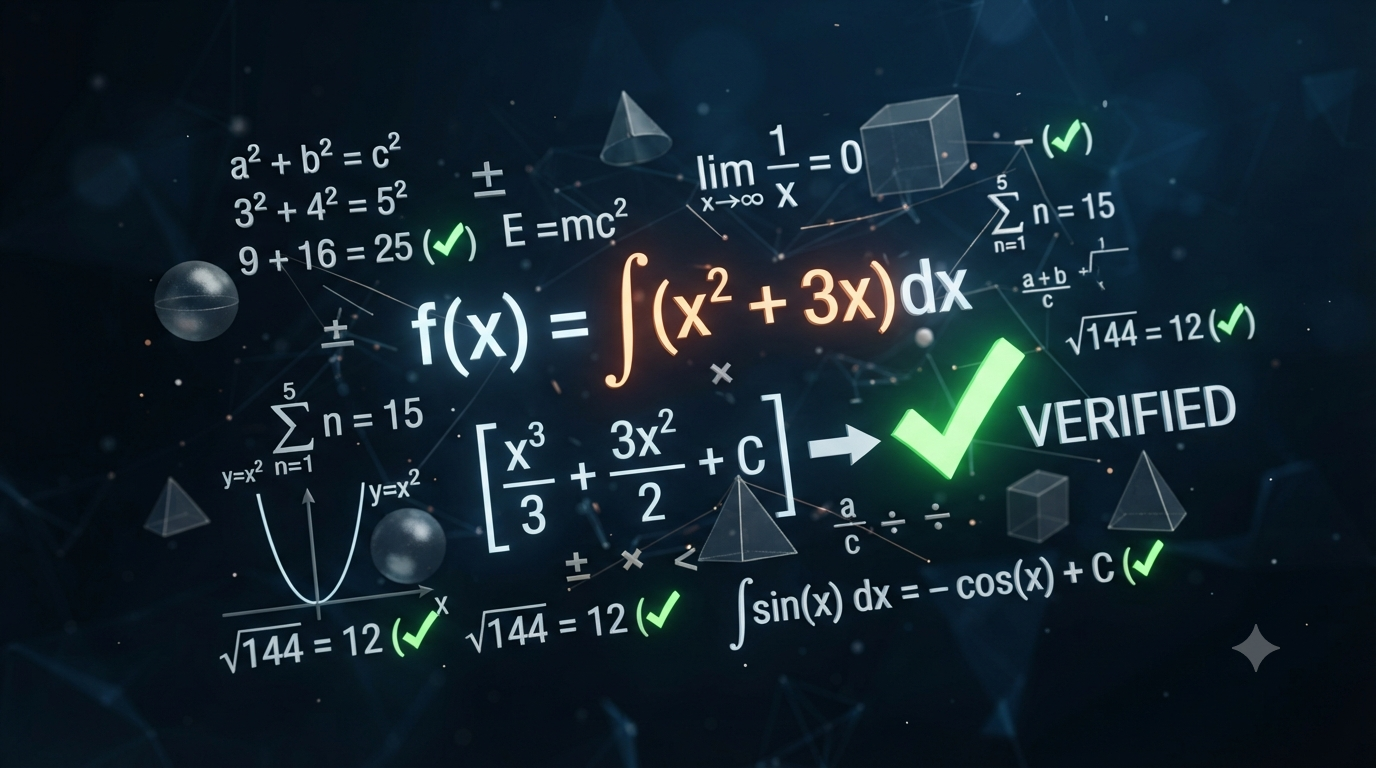 Realistic 3D illustration of verifying a mathematical formula with equations and check marks