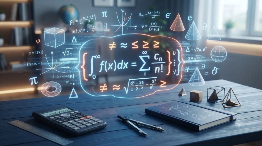 Realistic 3D illustration of mathematical formulas with conditions and restrictions