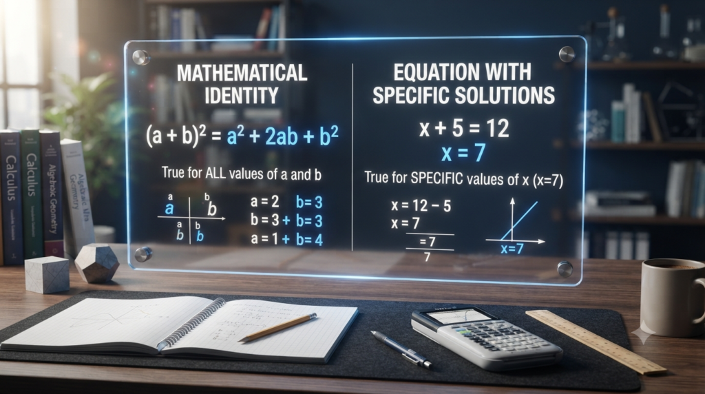 3D illustration comparing mathematical identities with equations that are true for certain values
