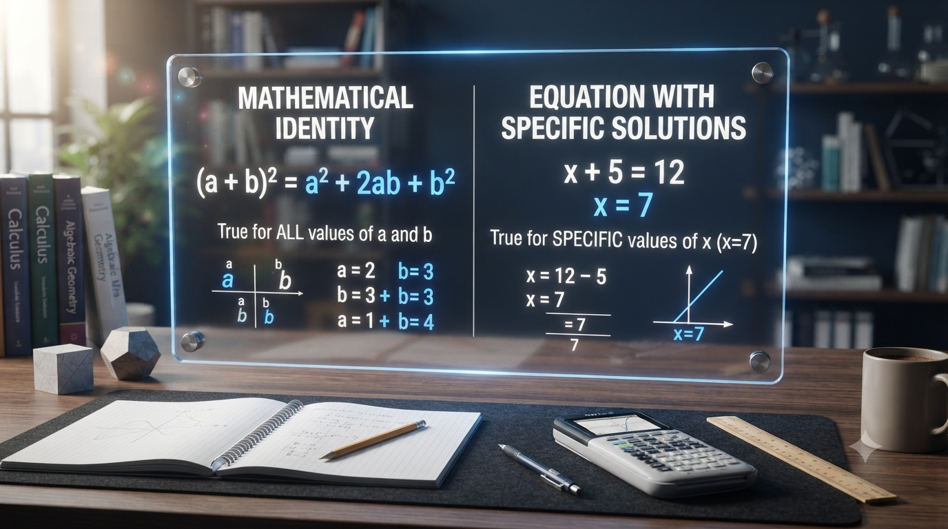 3D illustration comparing mathematical identities with equations that are true for certain values