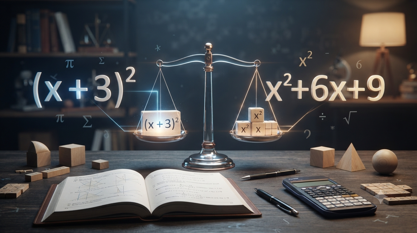 Realistic 3D illustration of a mathematical identity showing equivalent algebraic expressions