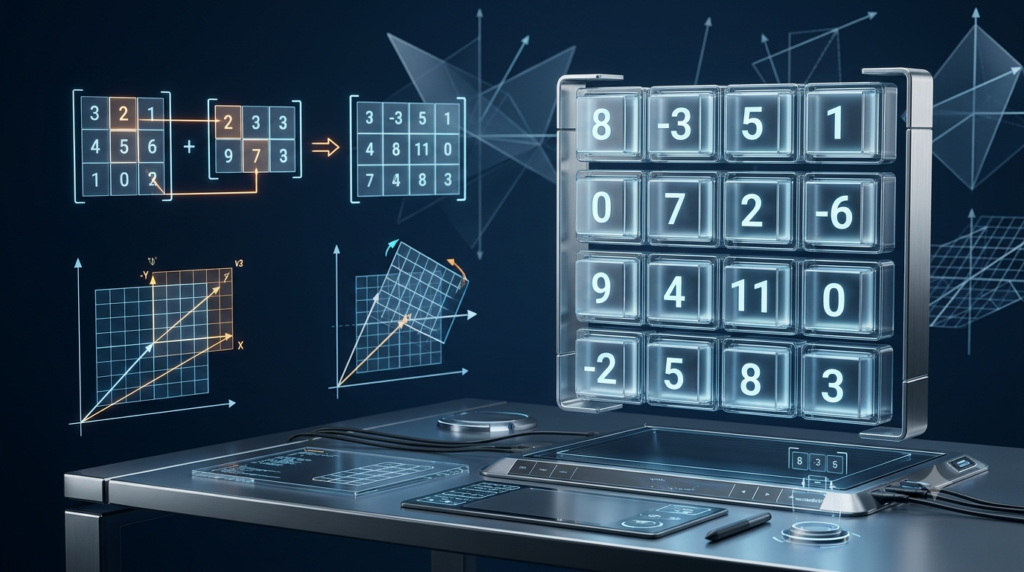 Realistic 3D visualization of numerical matrices for an online Matrix Calculator.