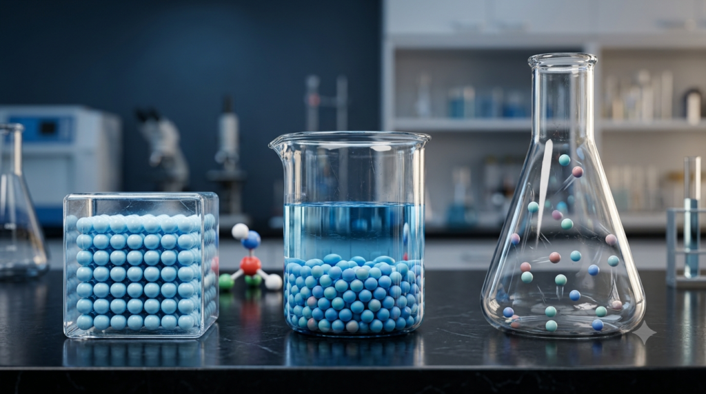 Realistic 3D illustration of solid, liquid, and gaseous matter with particles arranged differently in each state.