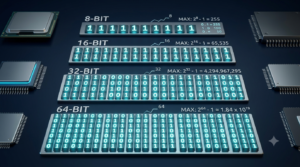 Realistic 3D illustration of binary bits and integer values showing how bit width determines the maximum integer value.