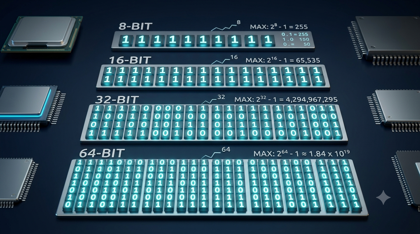 Realistic 3D illustration of binary bits and integer values showing how bit width determines the maximum integer value.
