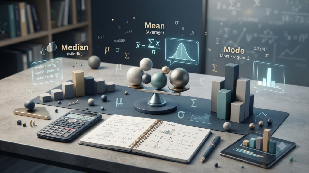 Realistic 3D illustration representing mean median and mode formulas in statistics