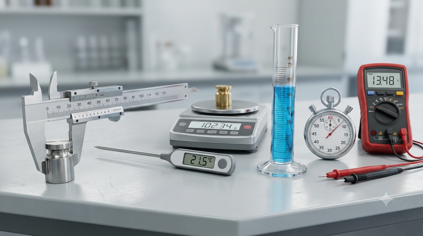 Different measurement instruments including a vernier caliper, thermometer, electronic balance, measuring cylinder, stopwatch, and multimeter.