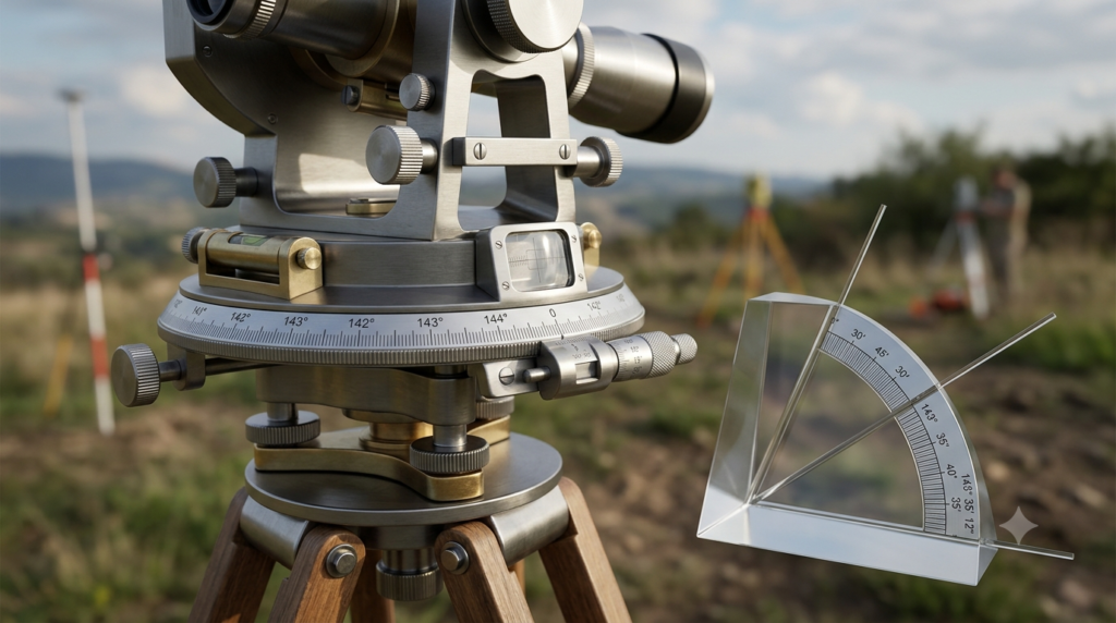Realistic 3D render of a precision theodolite used to measure angles in degrees, minutes, and seconds.