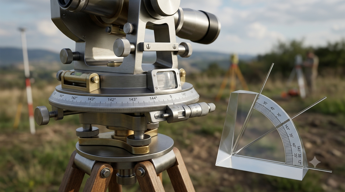 Realistic 3D render of a precision theodolite used to measure angles in degrees, minutes, and seconds.