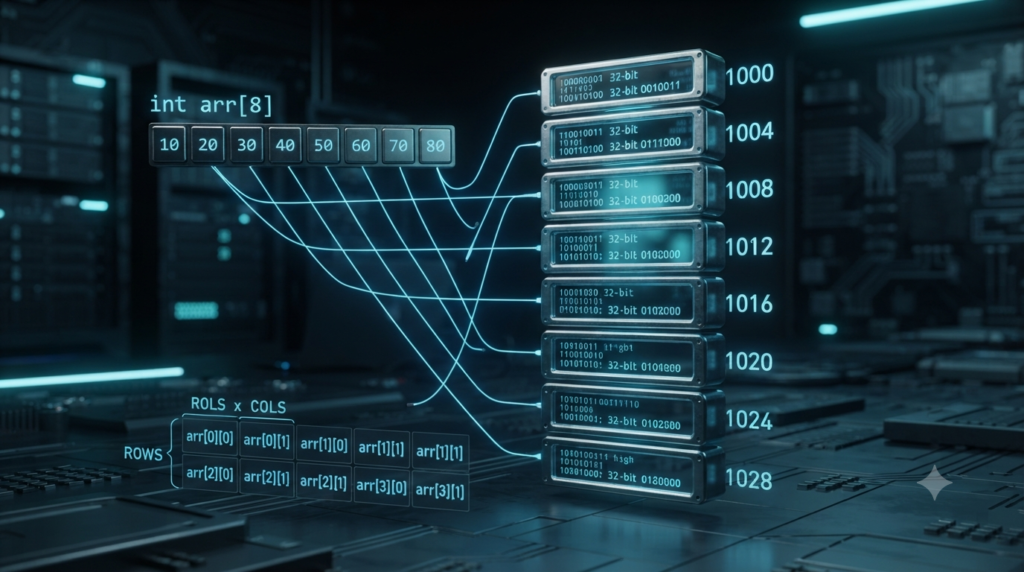 3D illustration of array elements mapped to consecutive computer memory addresses for memory address calculation.