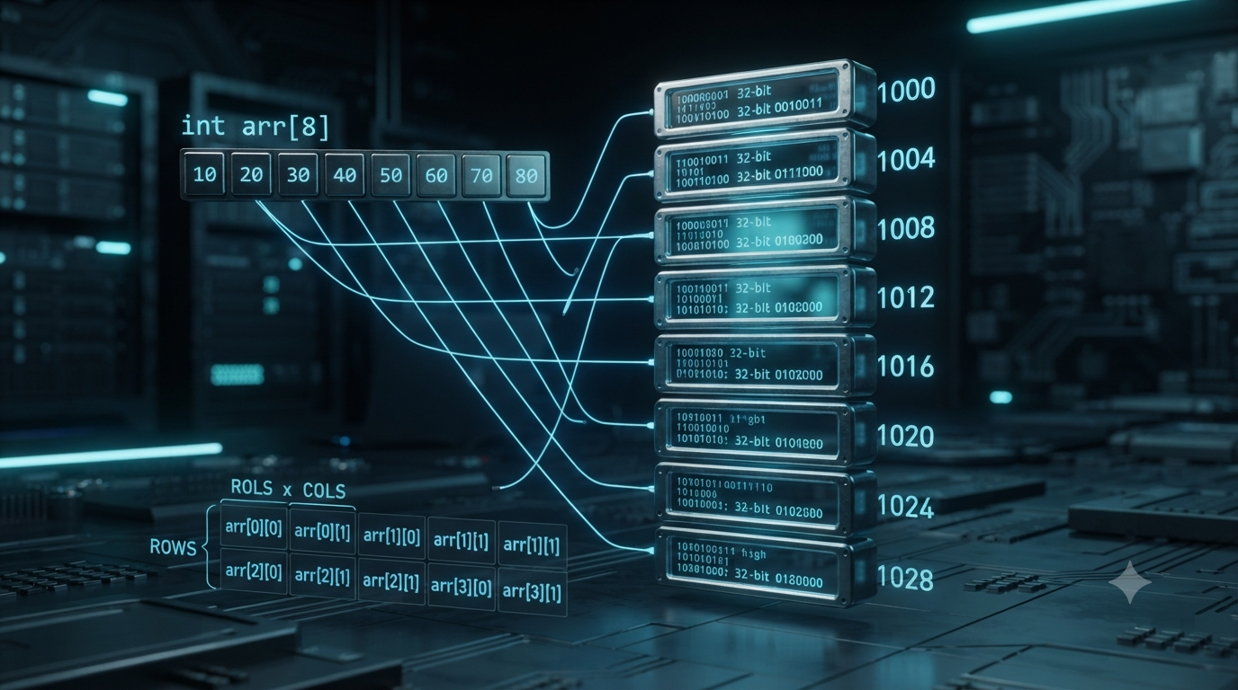 3D illustration of array elements mapped to consecutive computer memory addresses for memory address calculation.