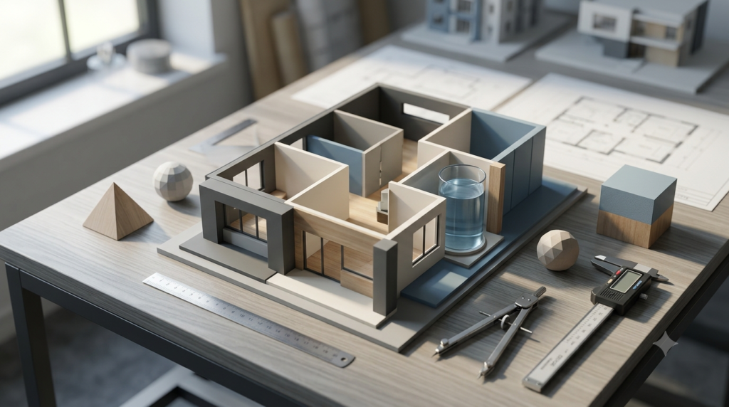 3D architectural model and geometric objects illustrating mensuration in mathematics