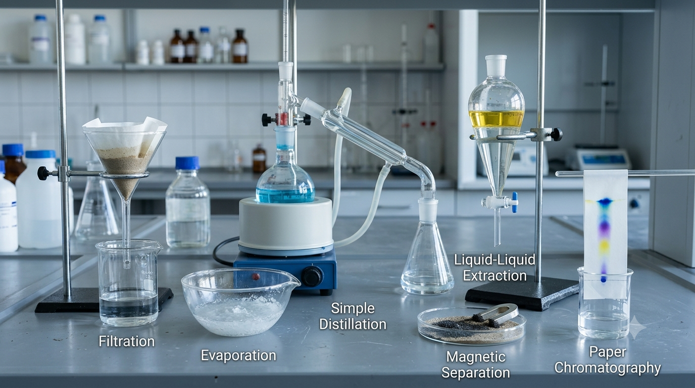 Chemistry laboratory equipment demonstrating filtration, distillation, evaporation, magnetic separation, and chromatography