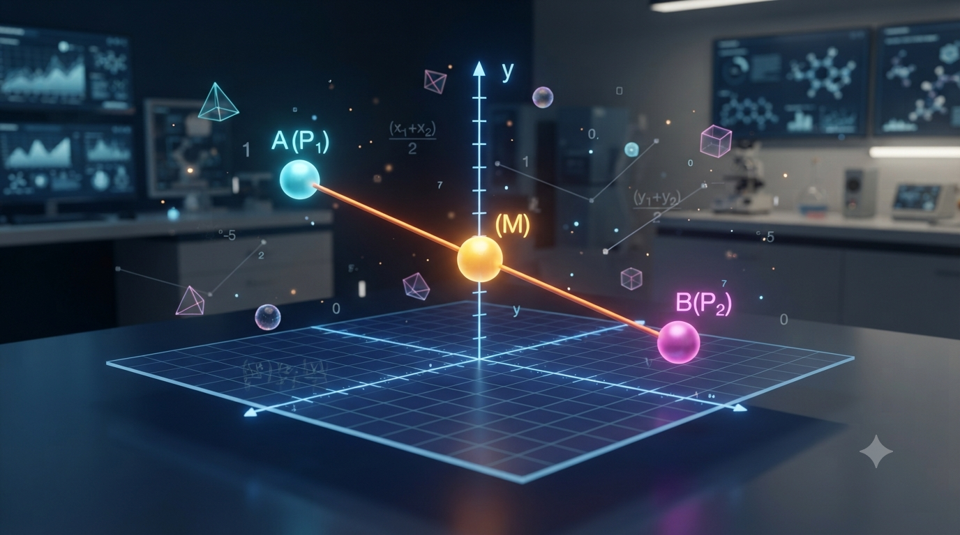 Realistic 3D illustration showing the midpoint between two coordinate points