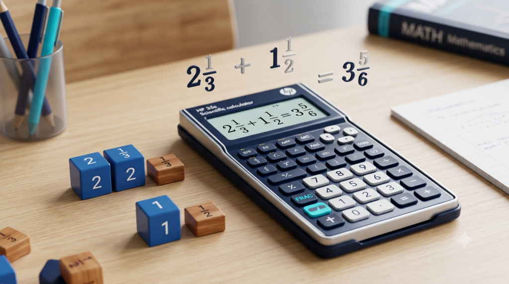 3D calculator with mixed numbers and fraction symbols for mathematical calculations