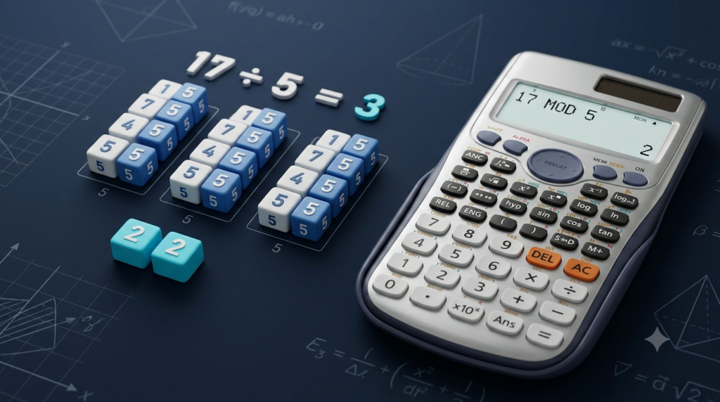 3D calculator and number blocks illustrating the modulo calculation 17 mod 5 equals 2.