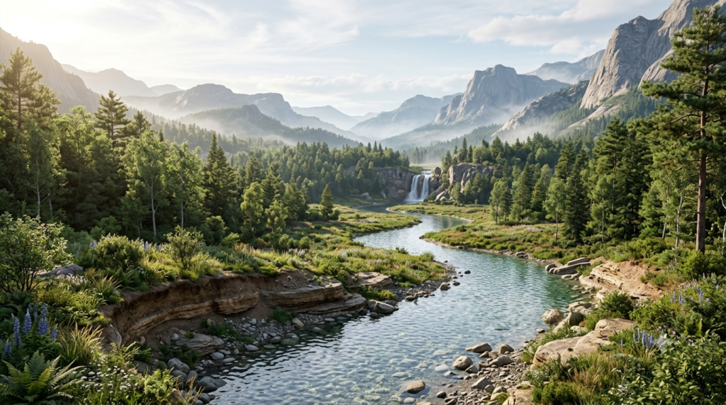 Natural environment featuring a clear river, green forests, fertile land, and mountains.