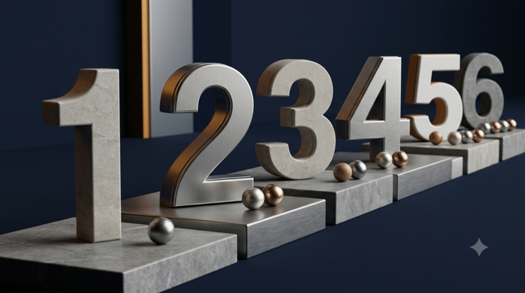 Realistic 3D numbers arranged in ascending order to represent natural numbers and their fundamental properties.