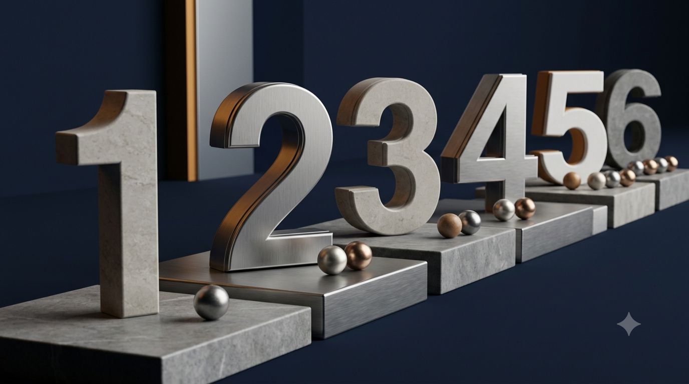 Realistic 3D numbers arranged in ascending order to represent natural numbers and their fundamental properties.