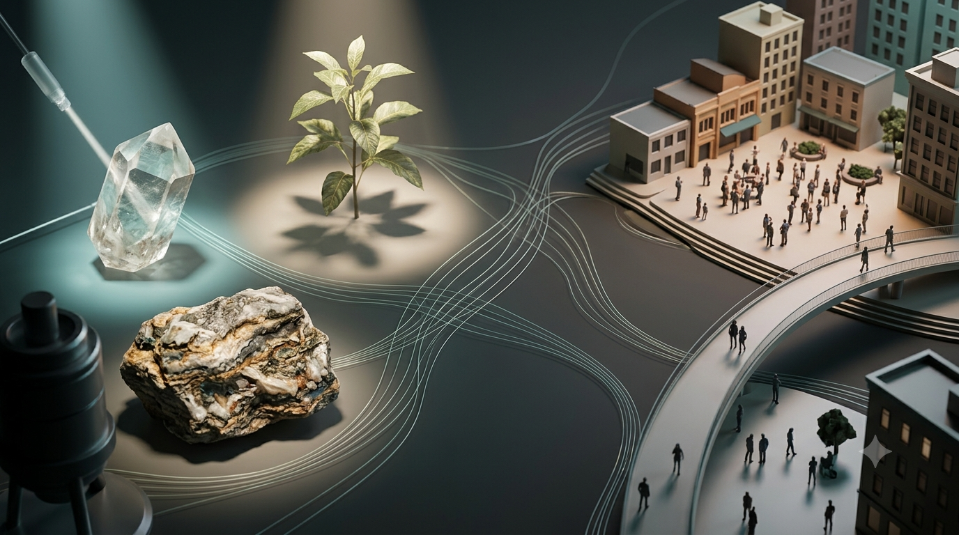 Realistic 3D illustration comparing natural science research with human society and social interactions.