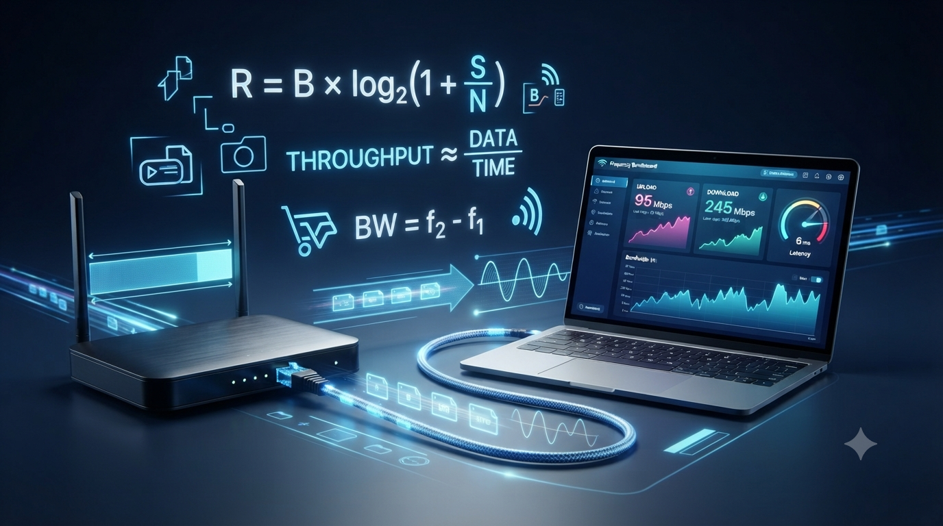 3D illustration of network bandwidth and data rate formulas with a router, laptop, data transmission signals, and network speed graphs.