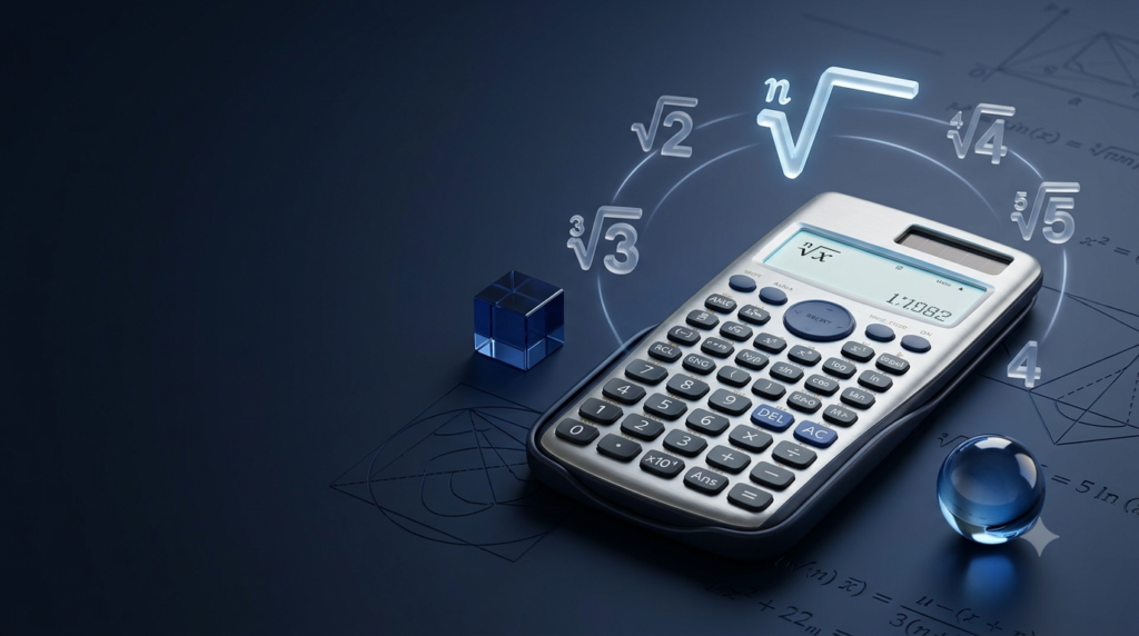 Realistic 3D calculator representing nth root calculations in mathematics