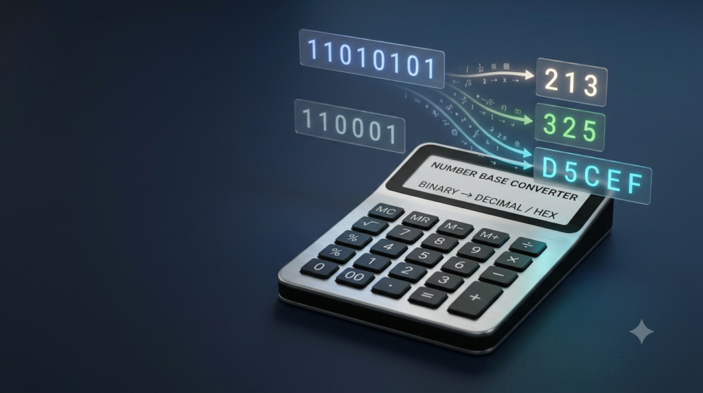 3D illustration of a number base converter showing binary, decimal, octal, and hexadecimal number systems.