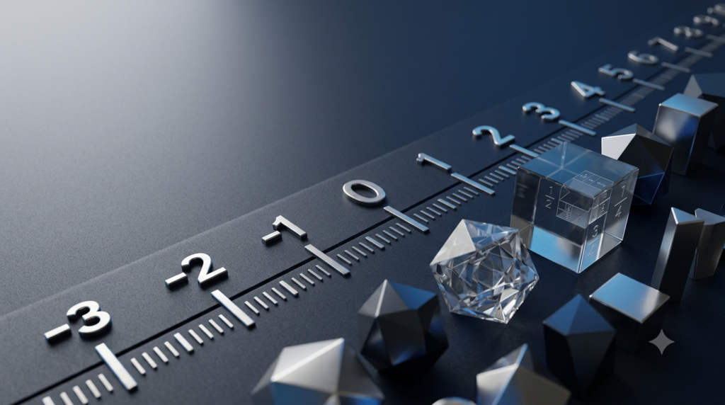 Realistic 3D mathematical number line illustrating negative numbers, zero, positive numbers, and number classification.